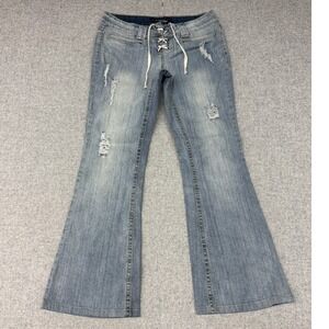 Lovesick | Distressed Lace Up Flare Jeans | 7 | Blue | Y2K Low Rise Drawstring